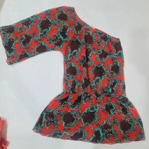 L'space Medium One Shoulder Swim Cover Up Dress‎ Sheer Chiffon Red Aqua Print